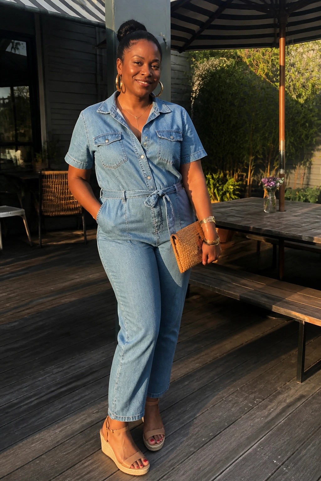 Woman in light blue short sleeve denim jumpsuit with tie belt, gold hoop earrings, layered necklace, holding a woven clutch, wearing wedge sandals on a wooden deck.