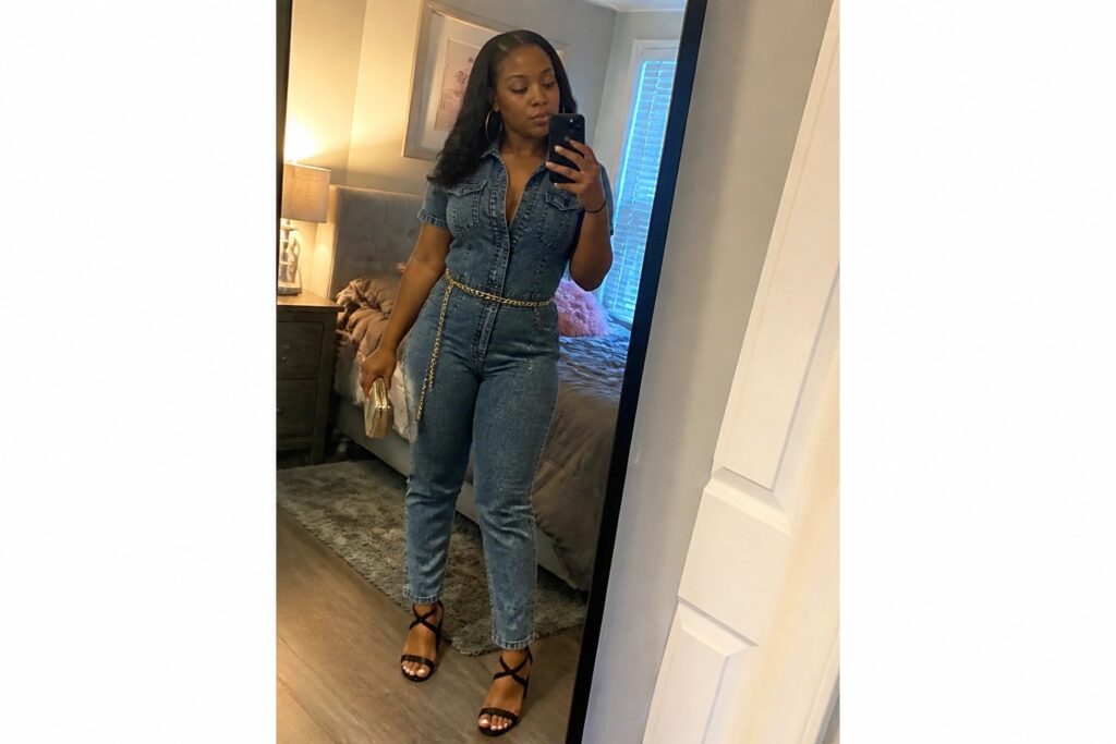 Woman in blue denim jumpsuit with gold chain belt taking bedroom mirror selfie