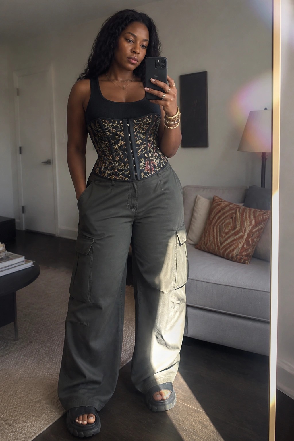 Woman wearing a black corset with gold details over a tank top and olive cargo pants while holding a phone for a mirror selfie.