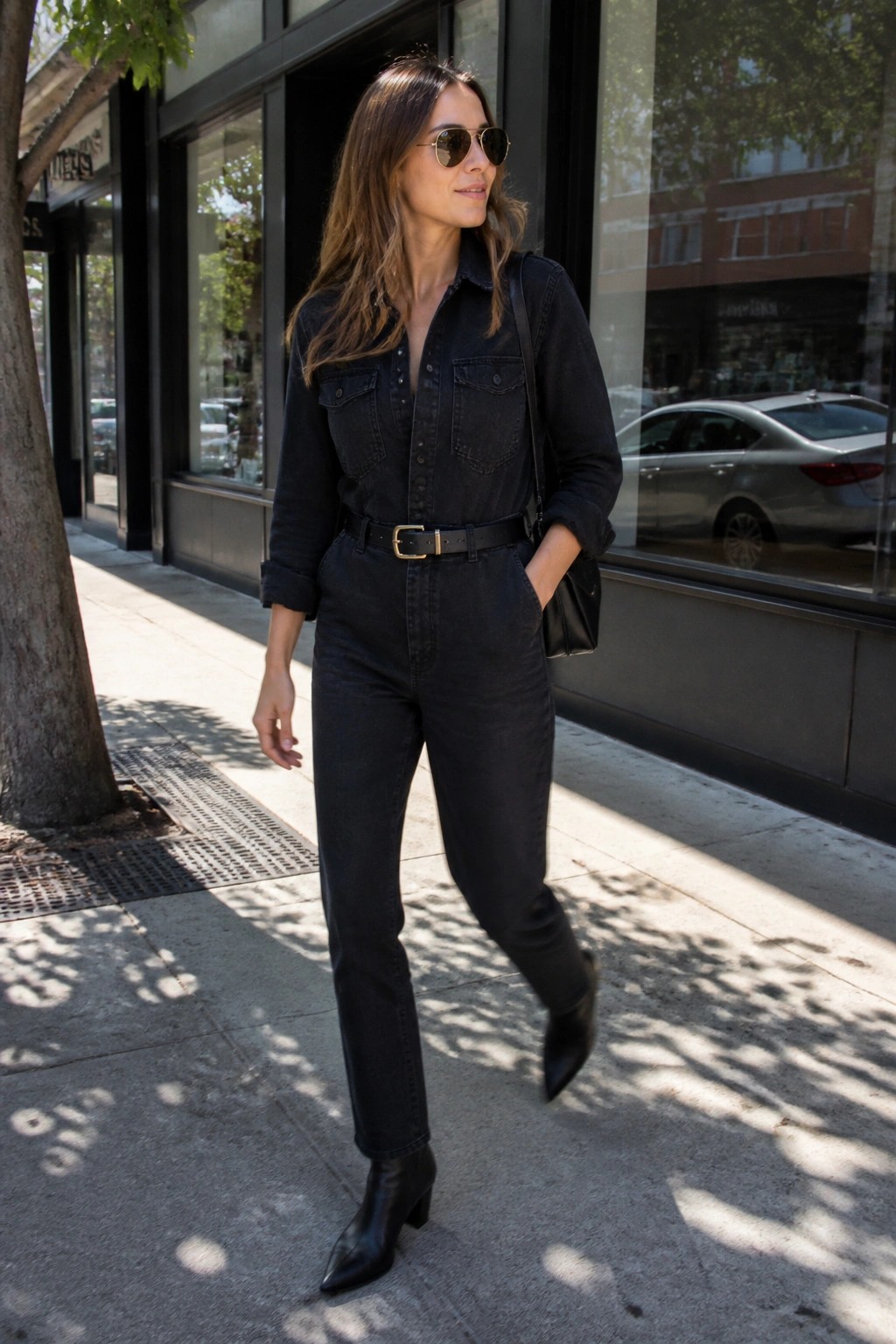 Woman in black denim jumpsuit and boots walks on sunny city sidewalk.