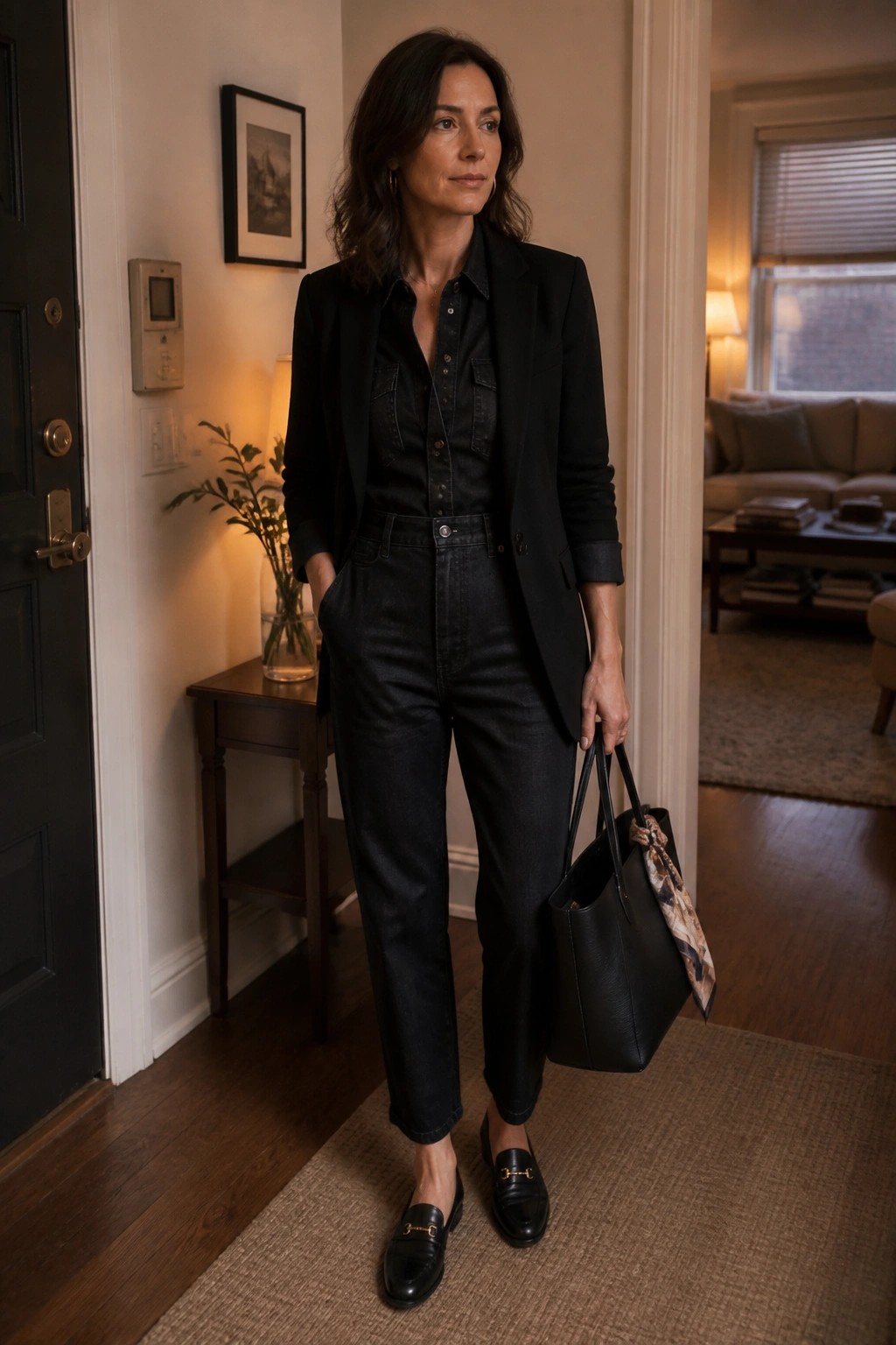 Woman in black blazer and jeans holding leather tote in home entryway
