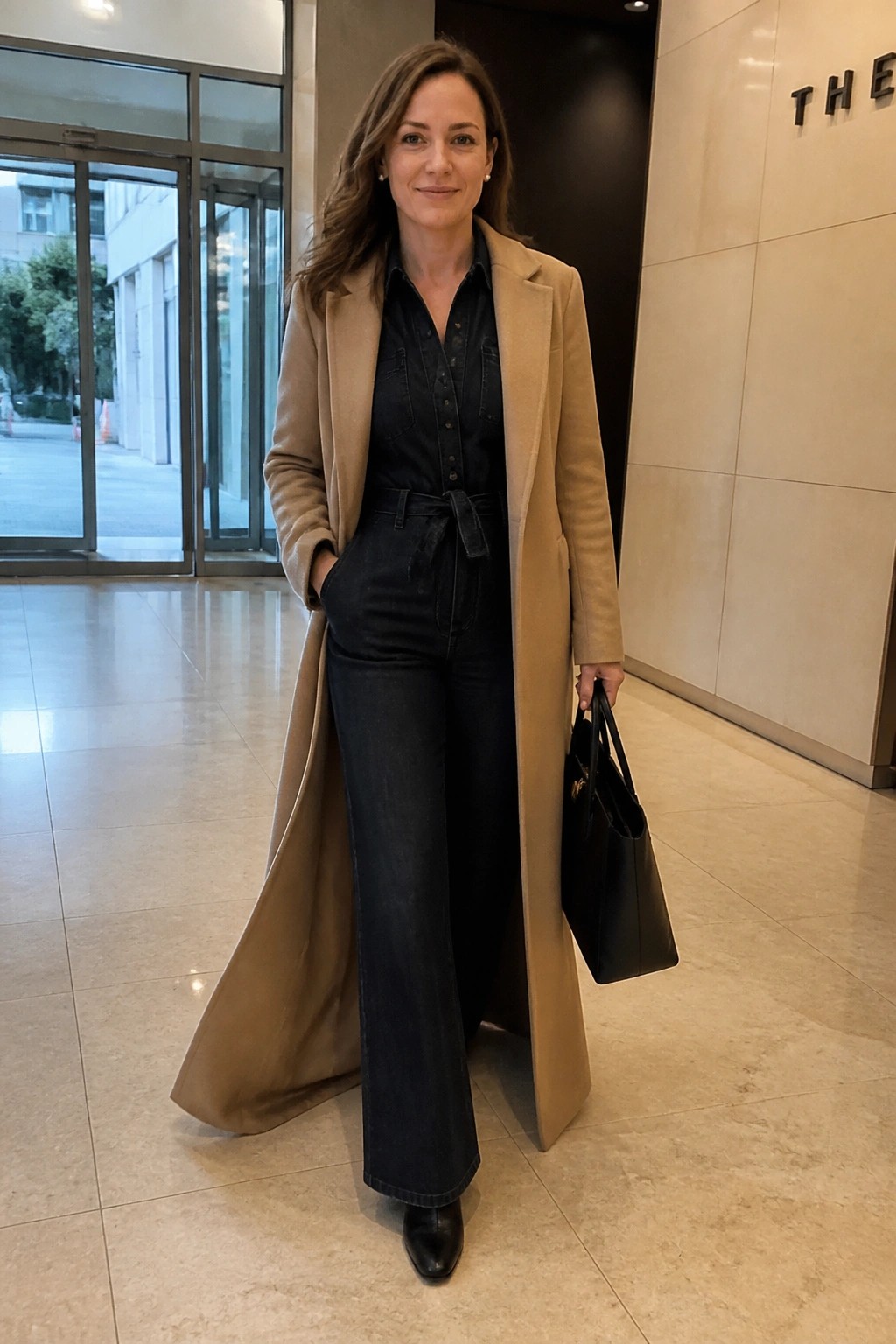 Woman in long tan coat over dark denim jumpsuit holding black handbag in lobby