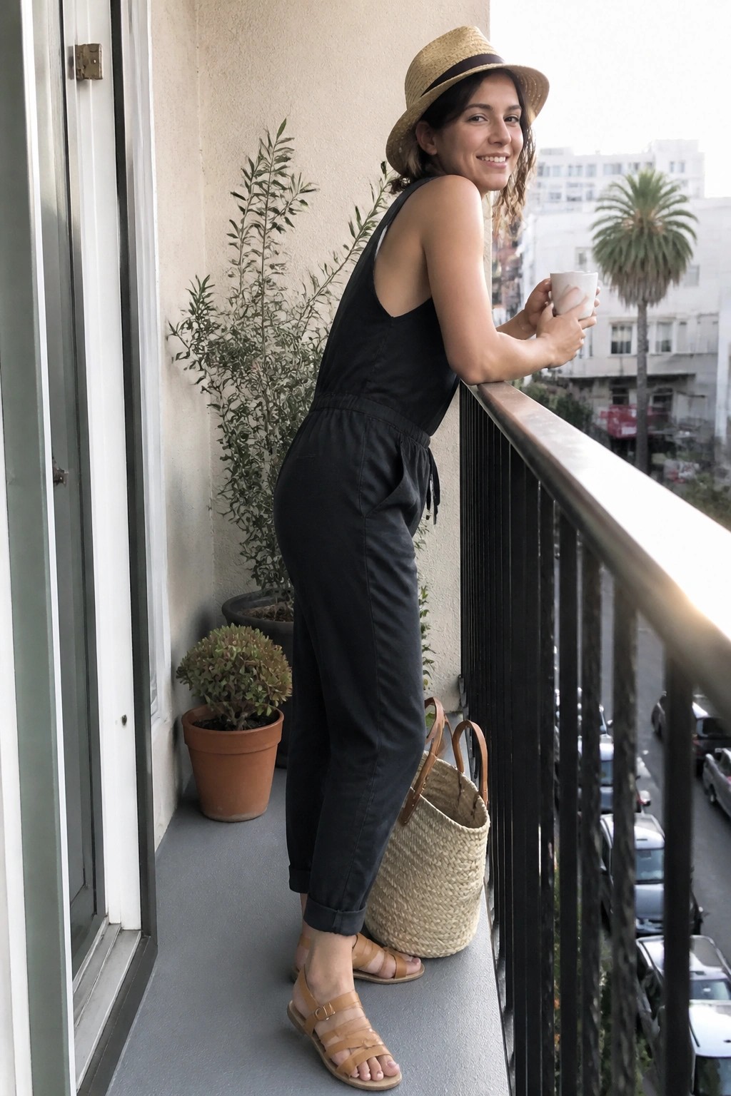 Smiling woman in black jumpsuit and straw hat leans on balcony holding mug.