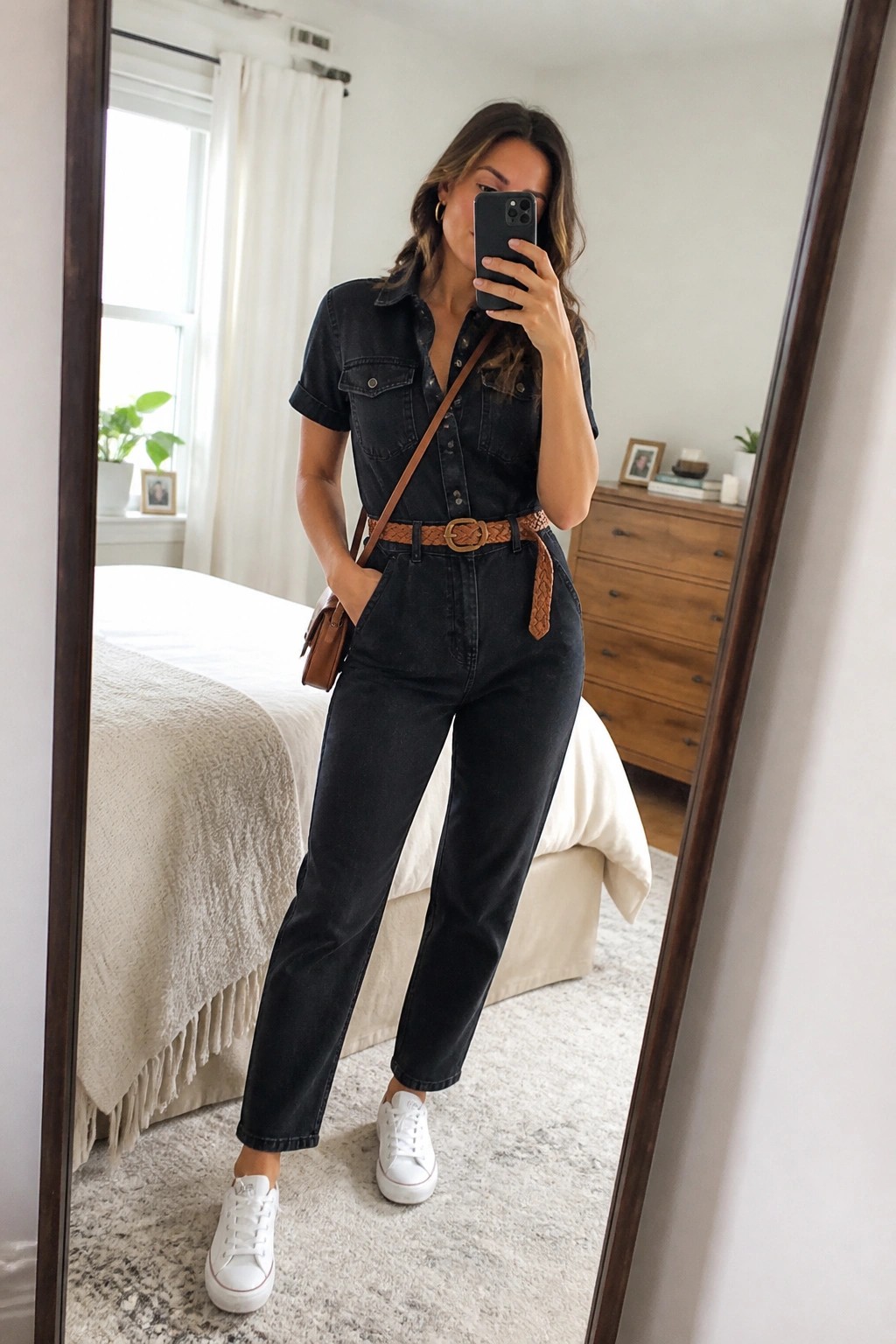 Woman in dark denim jumpsuit with brown belt takes mirror selfie in bedroom wearing white sneakers.
