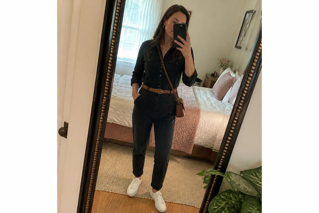18 Trendy Black Denim Jumpsuit Outfit Ideas for Everyday Confidence Woman in dark denim jumpsuit with brown belt takes mirror selfie in bedroom wearing white sneakers.