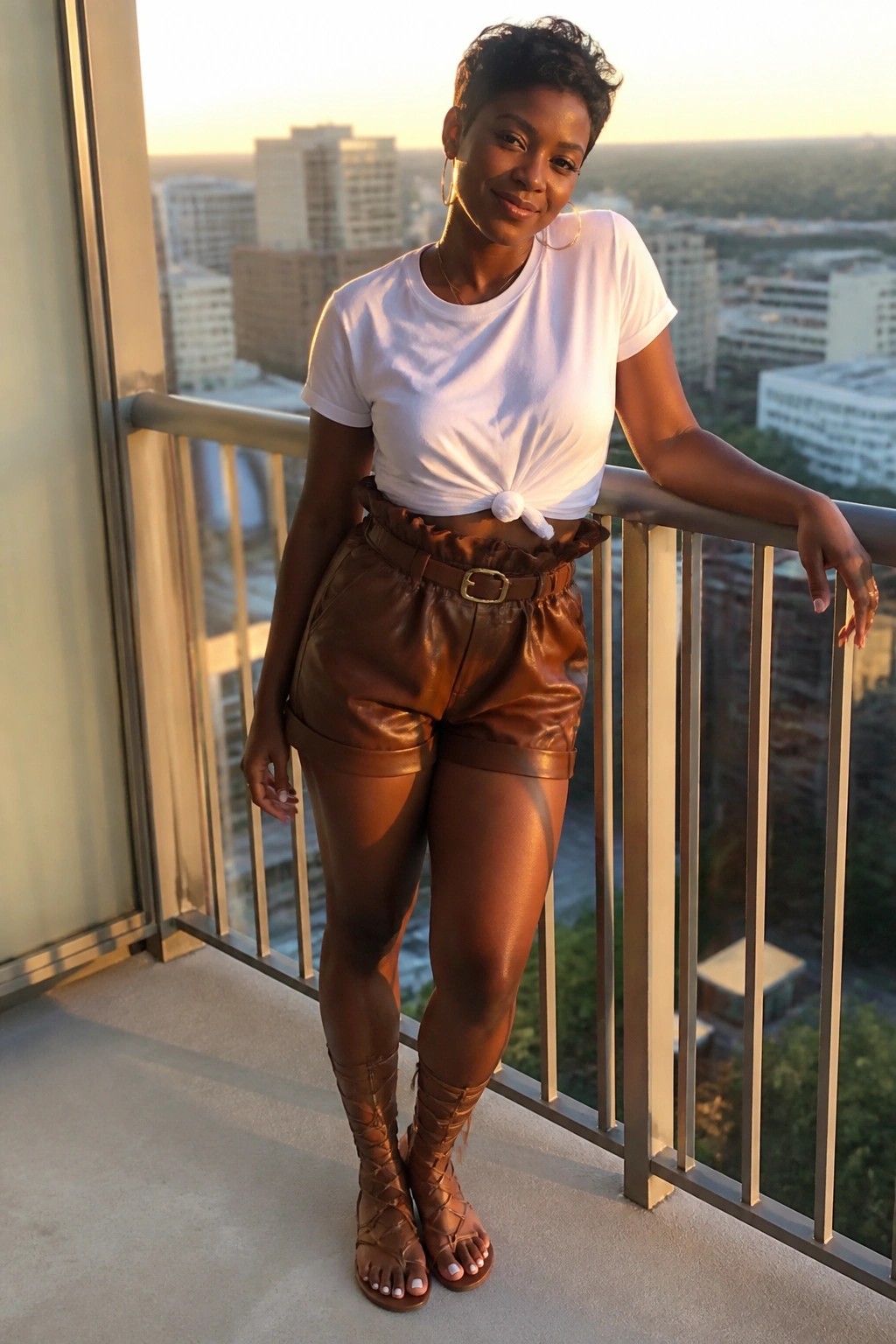 Woman in white knotted t-shirt and brown leather shorts on city balcony at sunset.