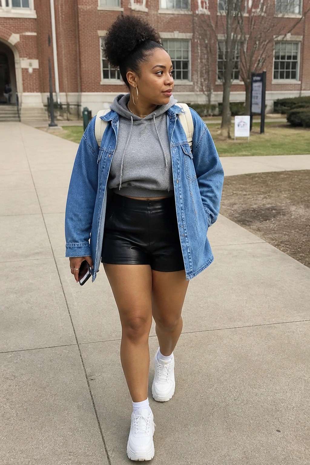 Woman with high curly bun in denim jacket, gray hoodie, and black shorts on campus