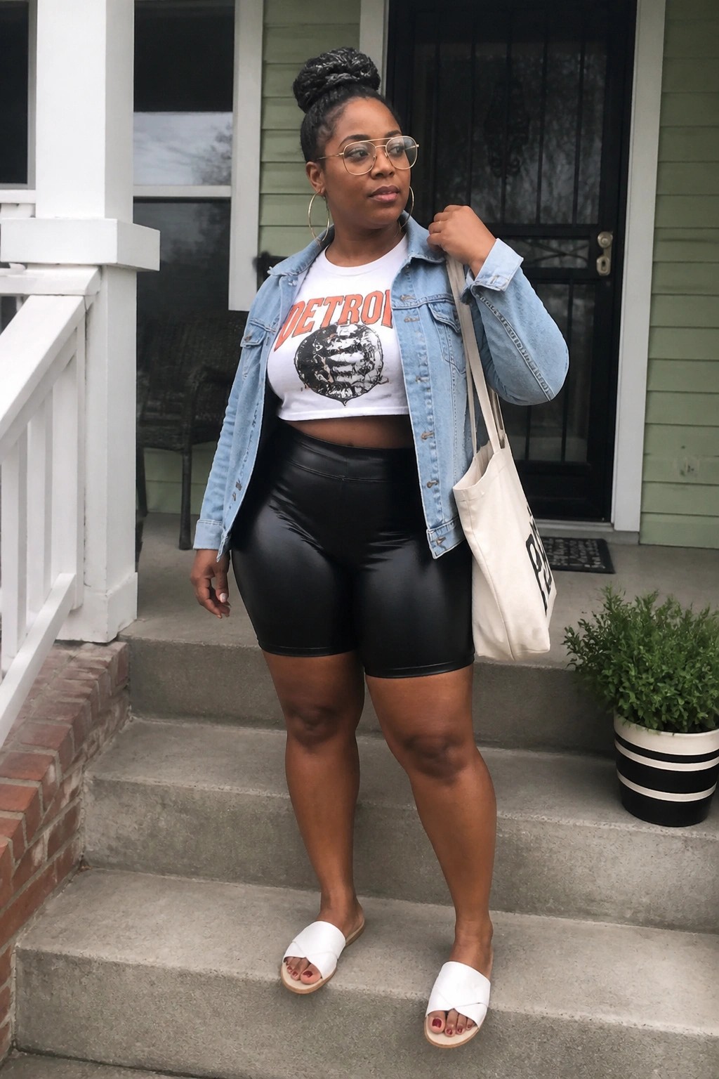 Woman in denim jacket over Detroit crop top and black shorts on porch steps