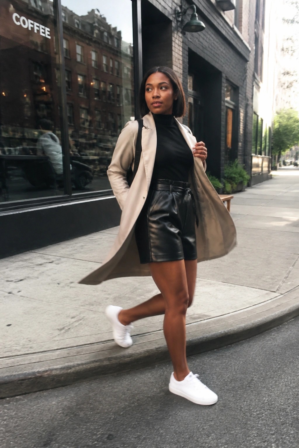 Woman in beige trench coat, black turtleneck, and leather shorts on city sidewalk.