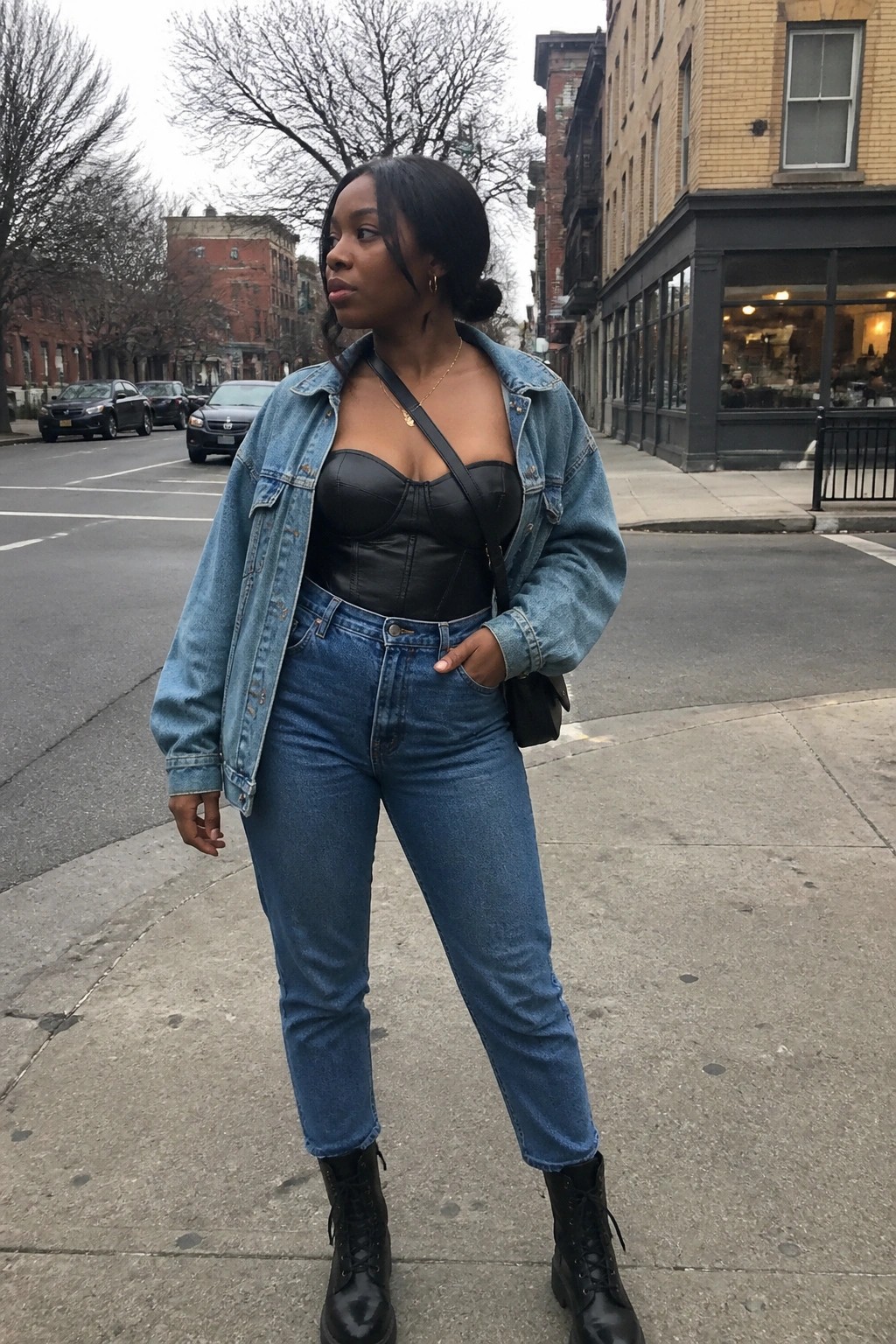 Woman in denim jacket over black corset stands on city sidewalk in jeans and boots