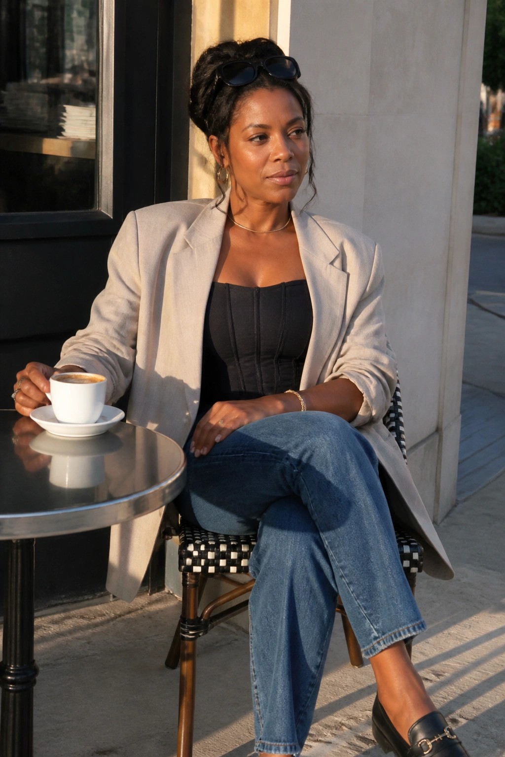 Woman in beige blazer and blue jeans at sunny outdoor cafe table with coffee