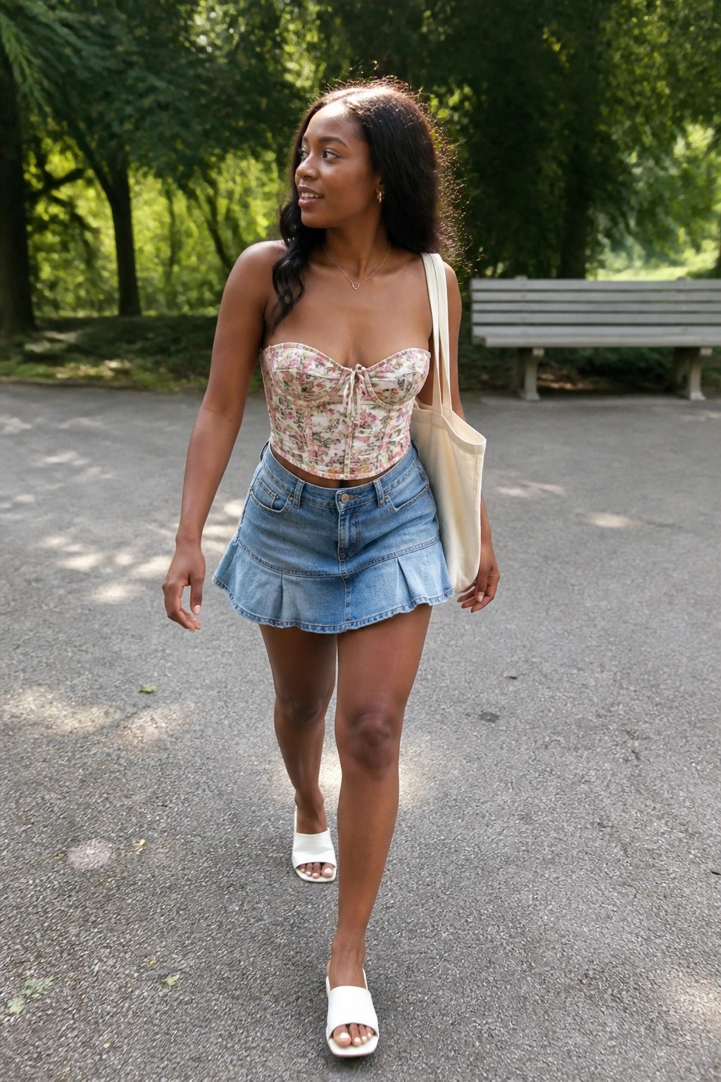 Woman wearing a floral strapless corset top with a light blue pleated denim mini skirt, white slide sandals, and a beige tote bag.