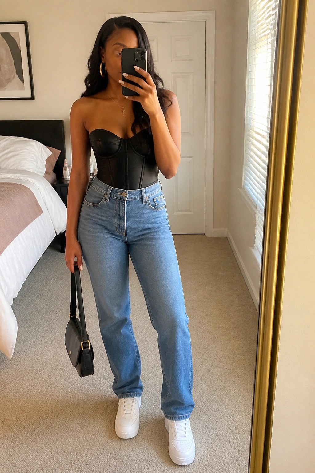 Woman in black corset top and blue jeans taking mirror selfie in bedroom