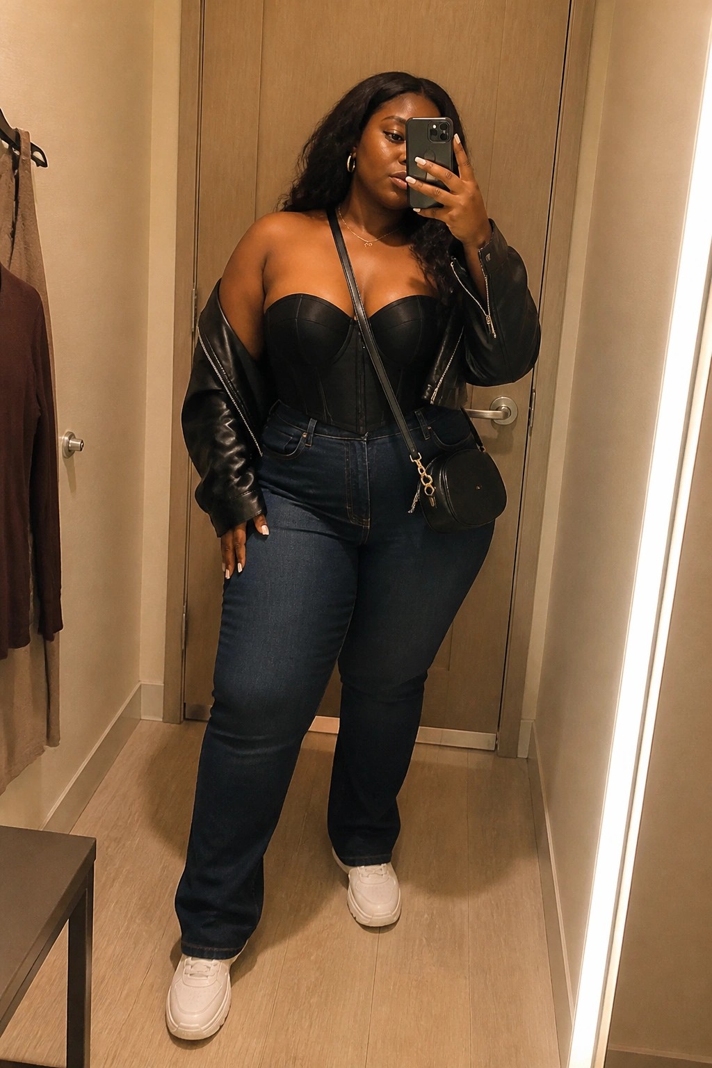 Plus size Black woman wearing a black strapless corset top, dark blue wide leg jeans, black leather jacket draped off the shoulders, white sneakers, and a small black crossbody bag while taking a mirror selfie.