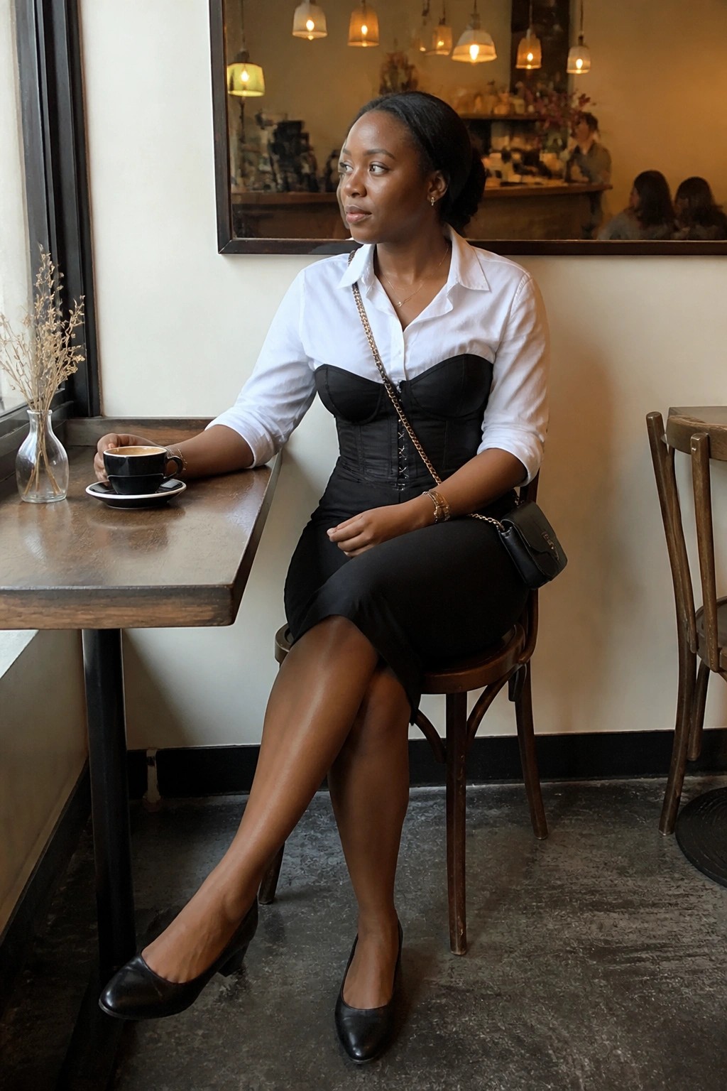 Woman in white shirt and black corset at cafe table holding coffee cup