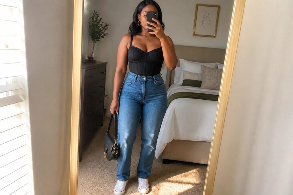 Woman in black corset top and blue jeans taking mirror selfie in bedroom