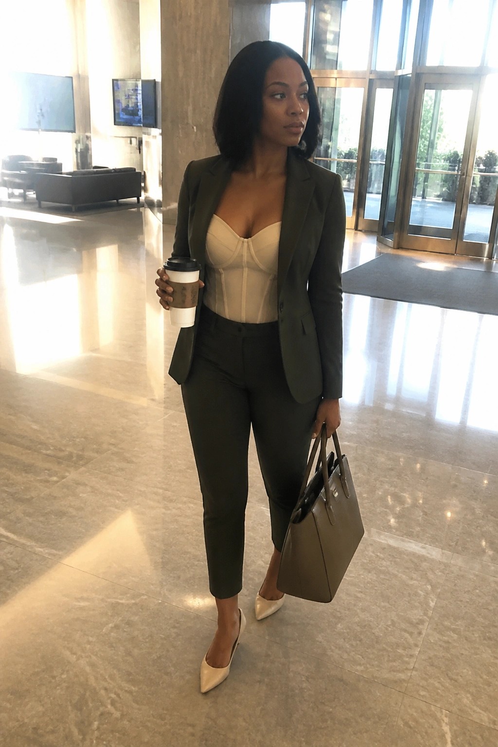 Woman in olive pantsuit and beige corset holding coffee and handbag in marble lobby
