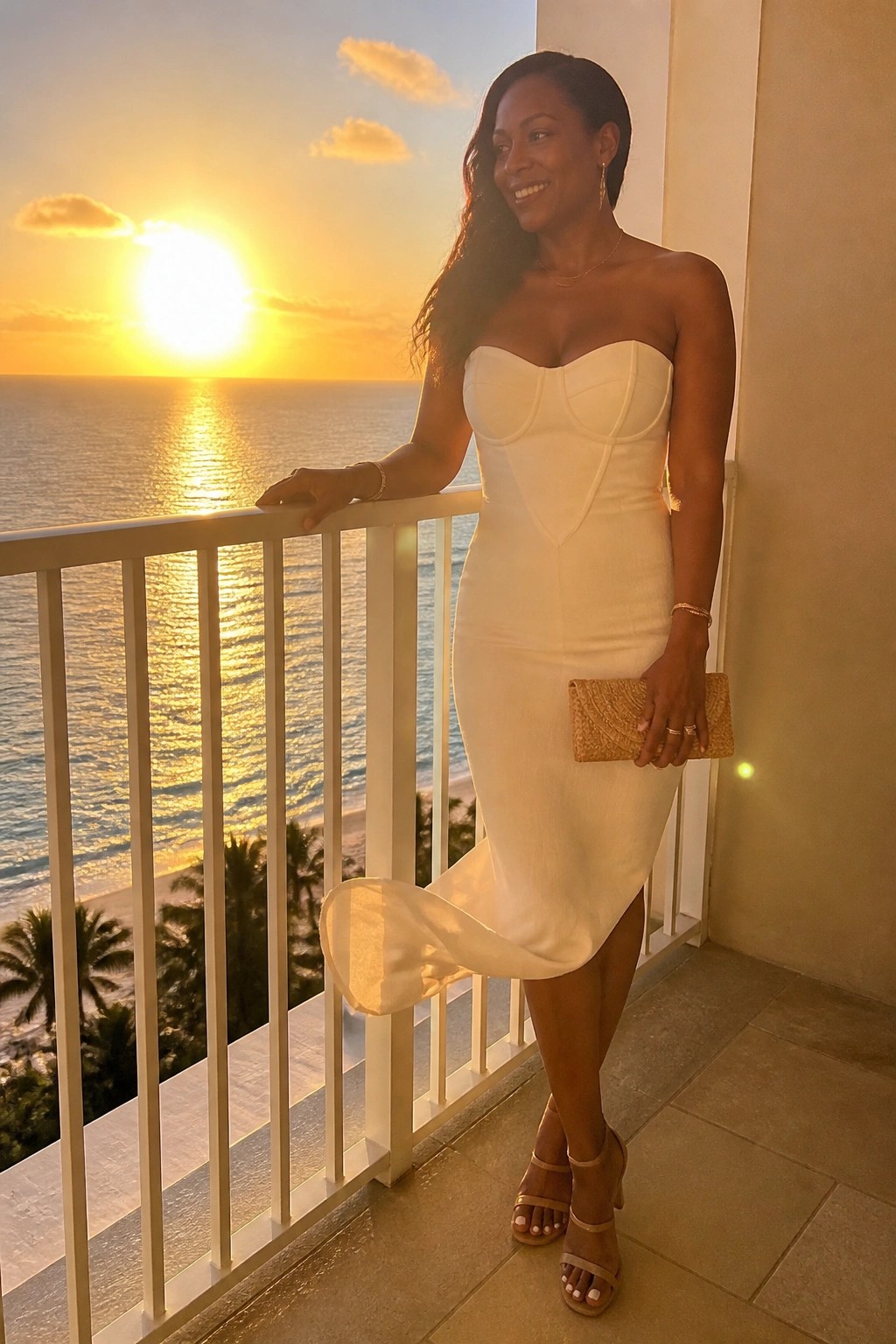 Woman in white strapless dress holding clutch on ocean-view balcony at sunset
