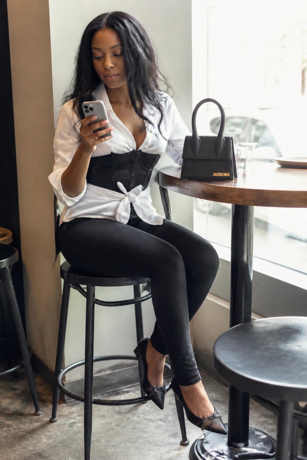 Woman seated on a stool wearing a white button down shirt tied at the waist under a black corset top, paired with black skinny jeans and black pointed toe heels with small bows, holding a smartphone with a black handbag visible on the table beside her.