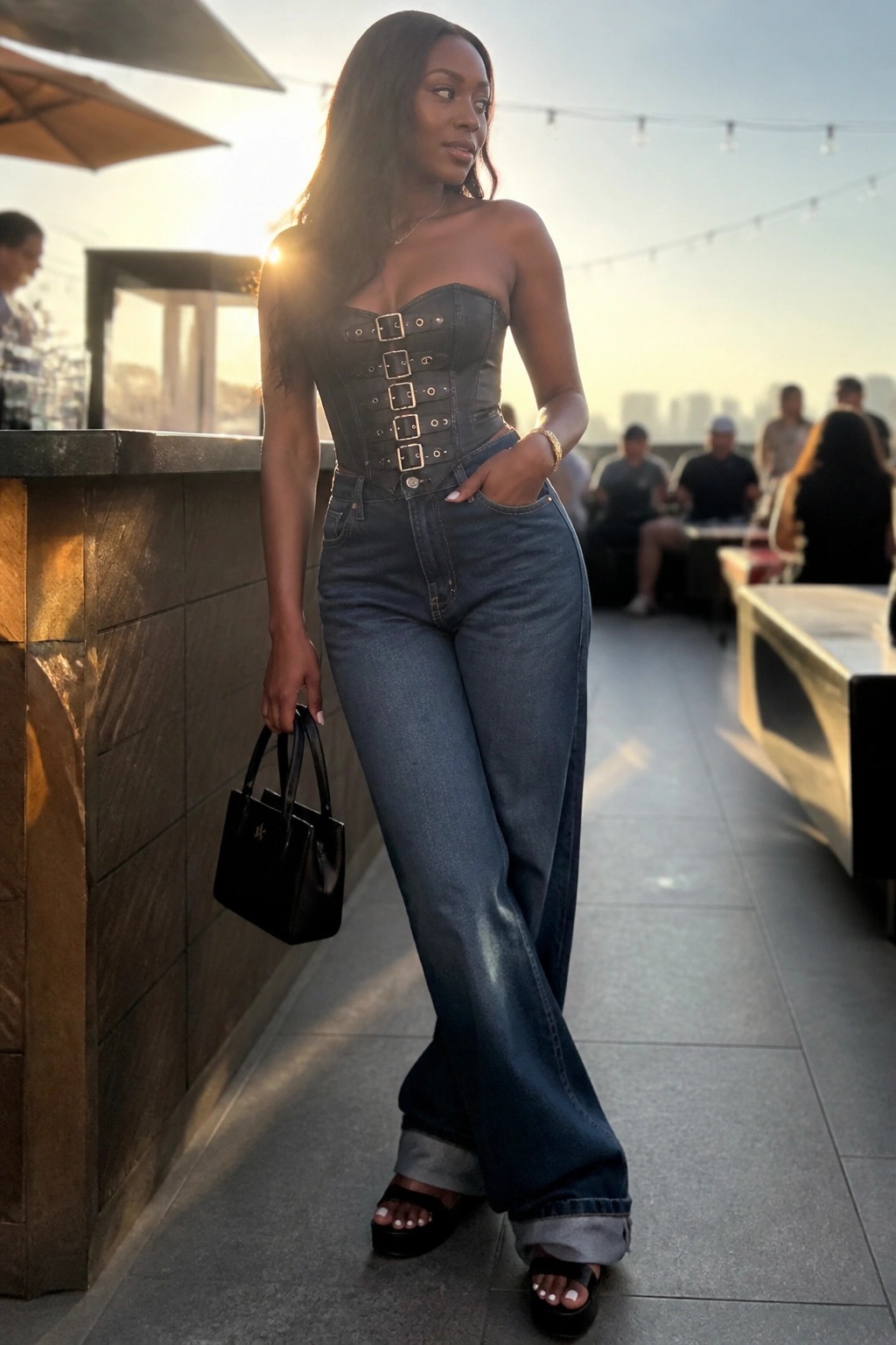 Woman in black corset top and wide-leg jeans holding handbag on sunset rooftop