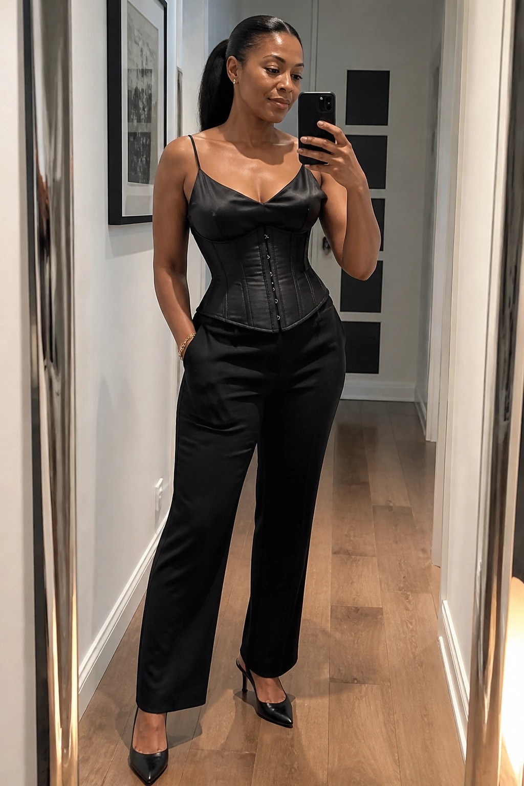 Woman in black corset and wide-leg pants taking mirror selfie in hallway
