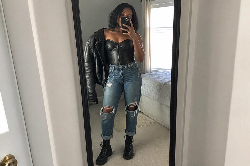 19 Edgy Club Corset Outfit Ideas for Black Women Designed for Statement Looks Woman in black corset, ripped jeans with chains, and combat boots taking mirror selfie