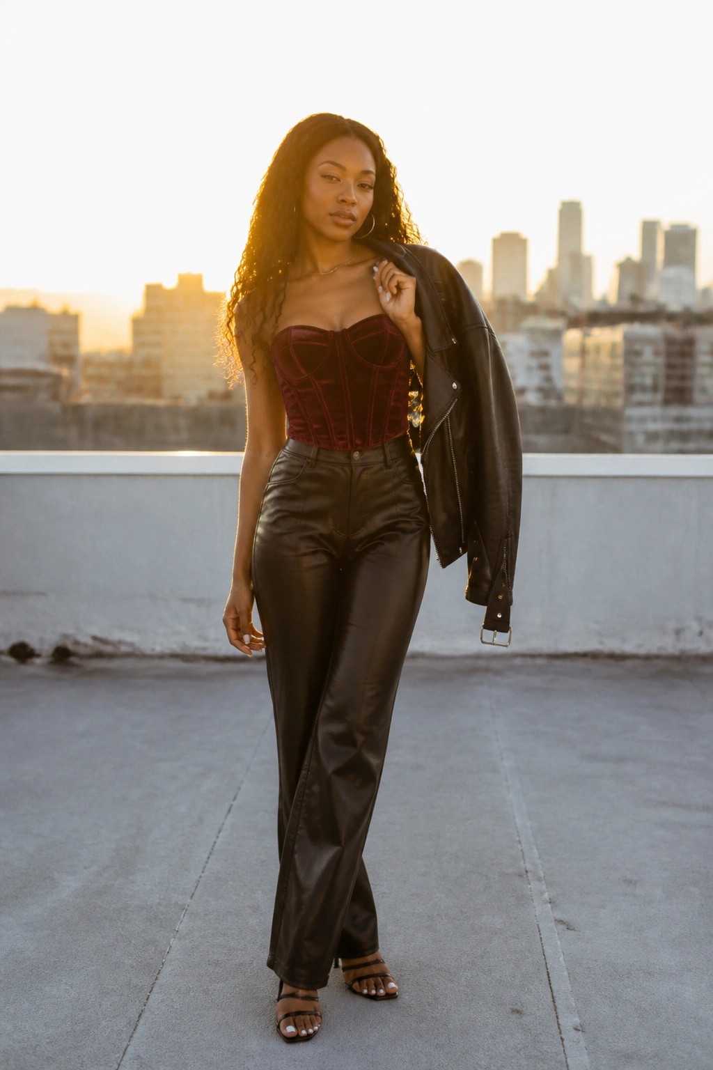 Woman in red velvet corset and black leather pants holding jacket on sunset rooftop
