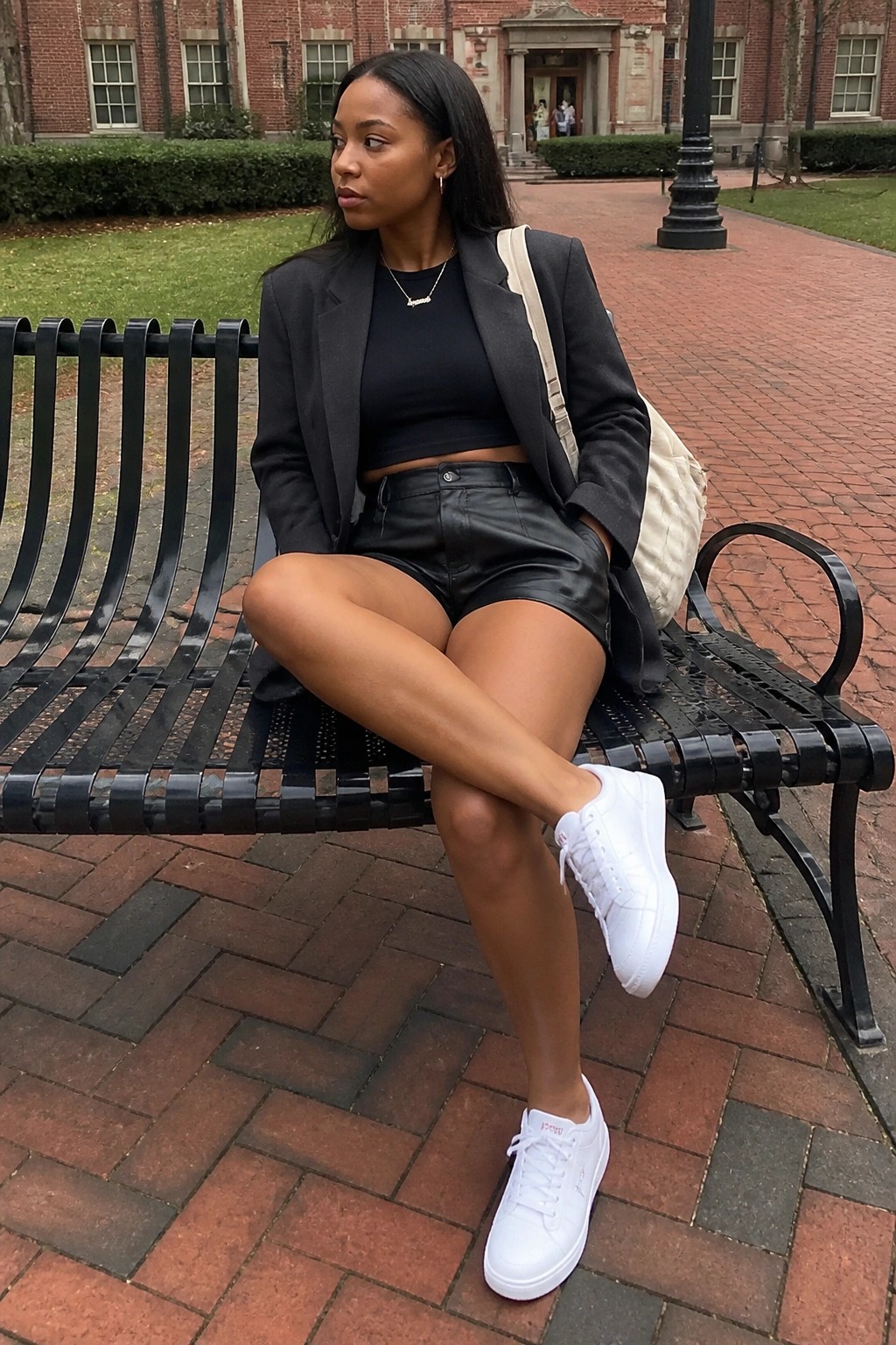 Woman in black blazer, crop top, and leather shorts seated on bench with white sneakers