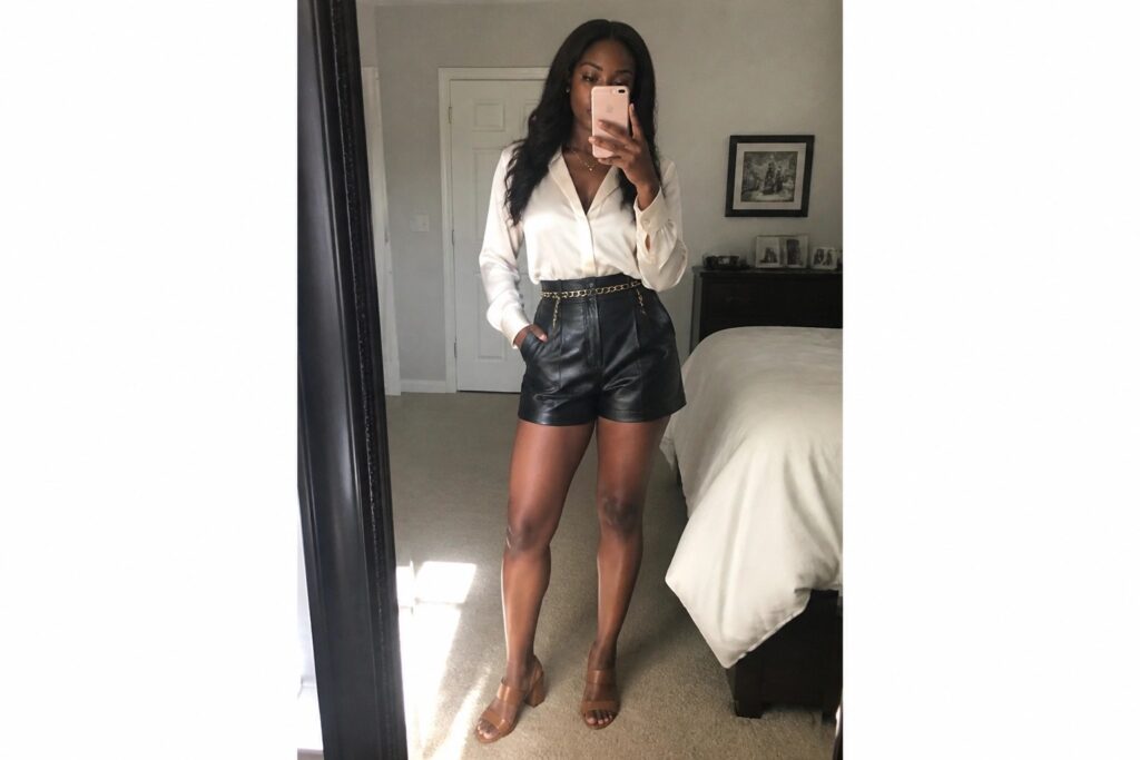 Woman in cream satin button down shirt tucked into black leather shorts with gold chain belt and tan block heel sandals taking a mirror selfie.