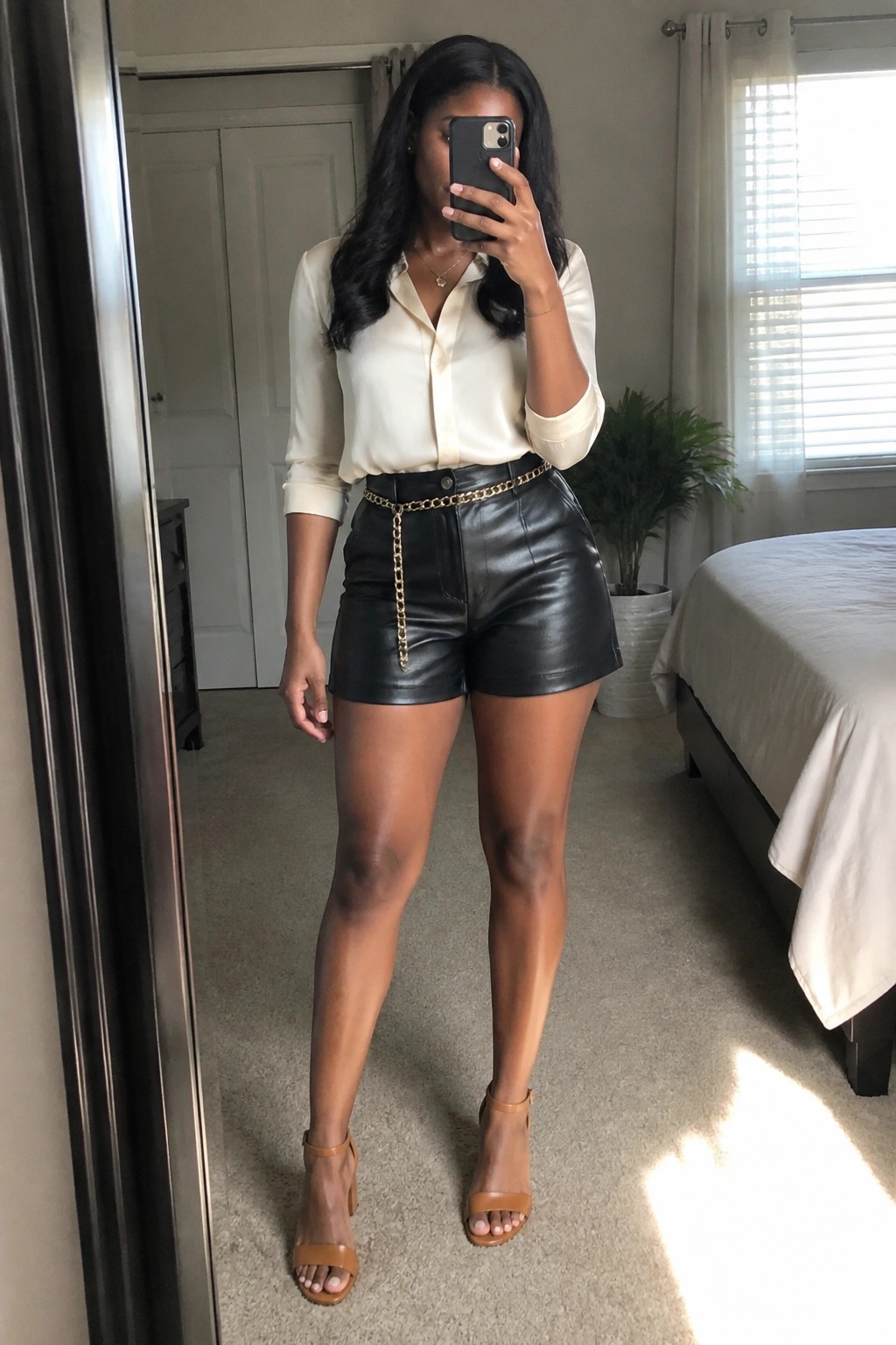 Woman in cream satin button down shirt tucked into black leather shorts with gold chain belt and tan block heel sandals taking a mirror selfie.