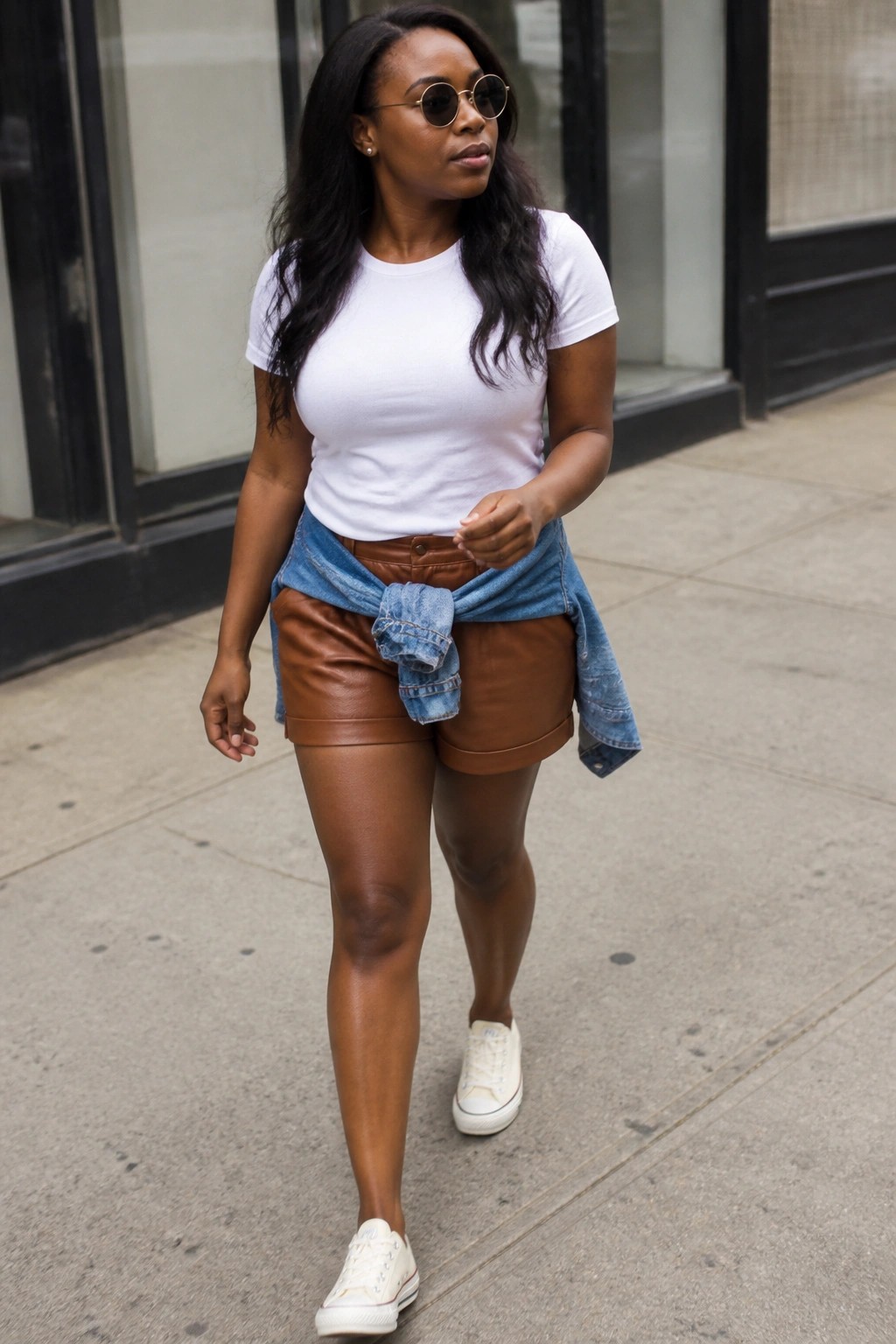 Woman in white tee and brown leather shorts with tied denim jacket on sidewalk