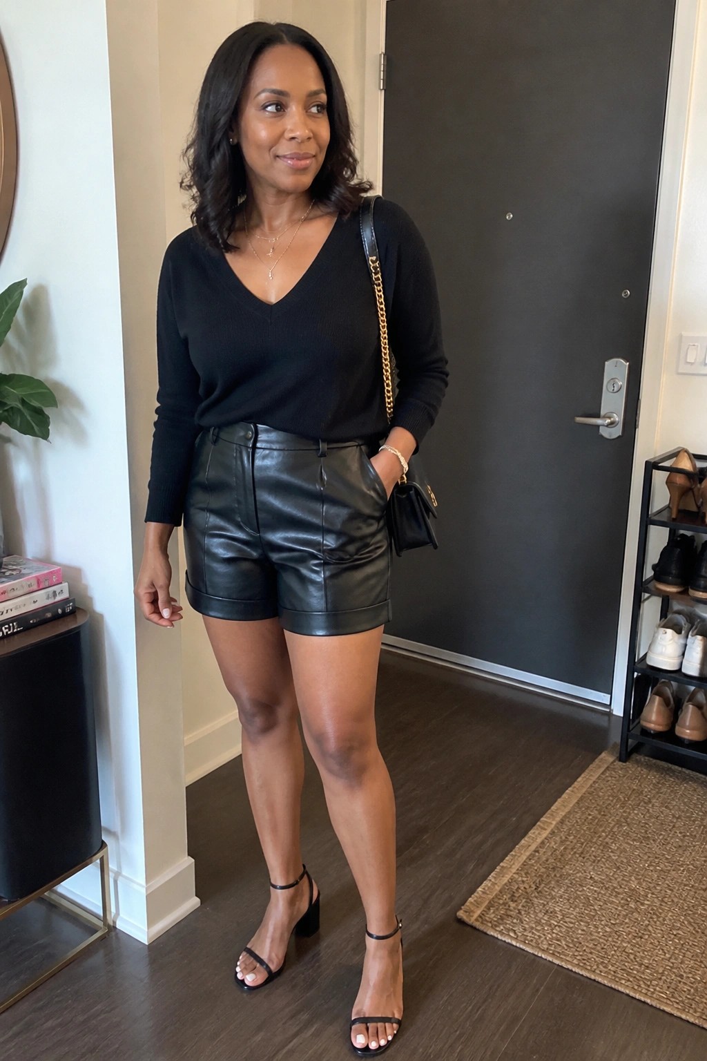 Woman in black V-neck sweater and leather shorts with gold-chain purse indoors.