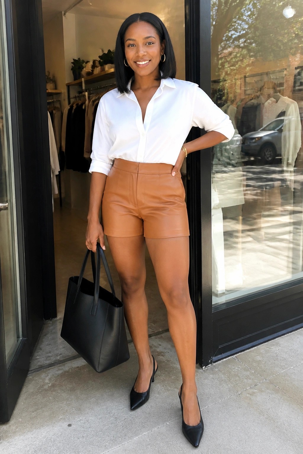 Smiling woman in white shirt and tan leather shorts holding black tote outside boutique