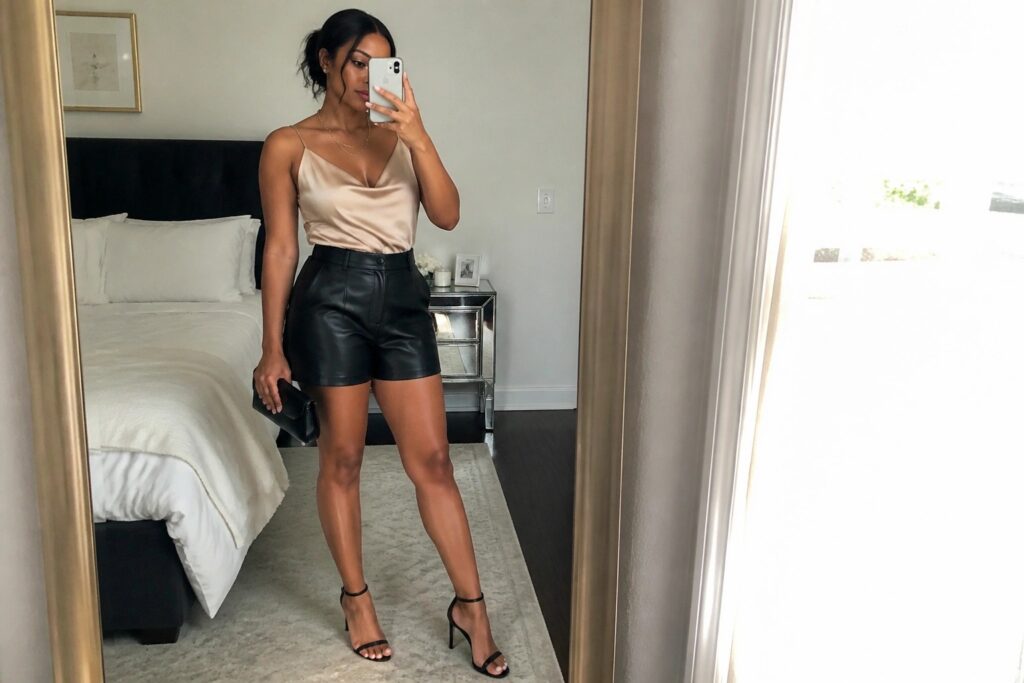 Woman in satin camisole and black leather shorts taking bedroom mirror selfie