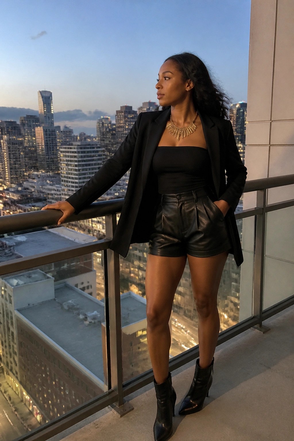 Woman in black blazer and leather shorts on balcony overlooking city skyline.