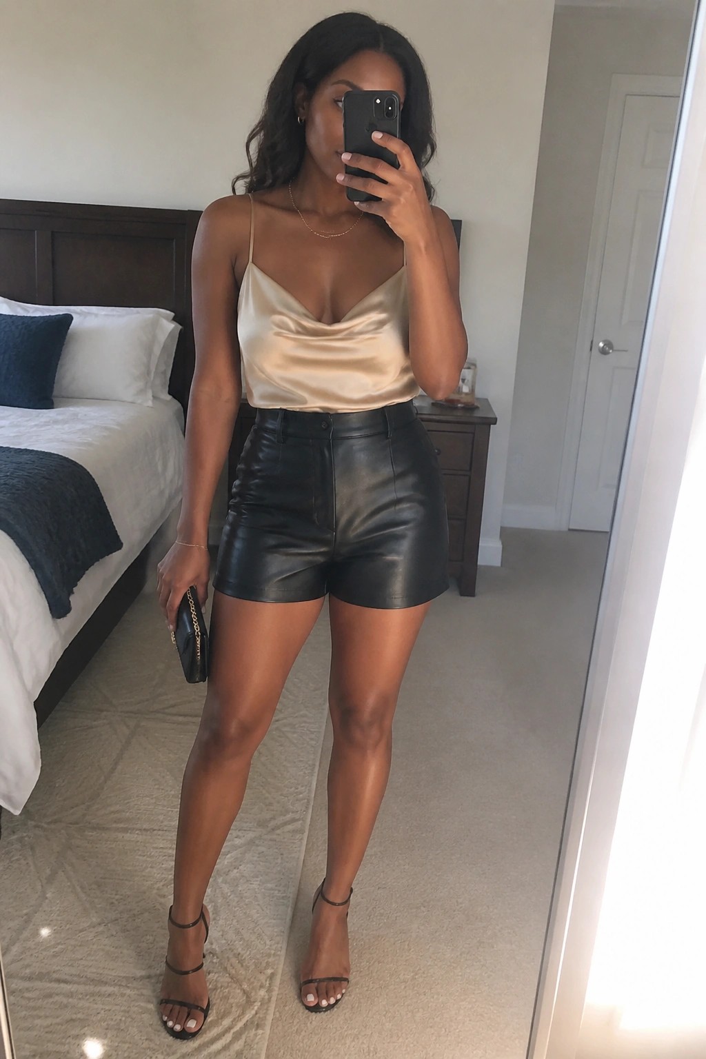 Woman in satin camisole and black leather shorts taking bedroom mirror selfie