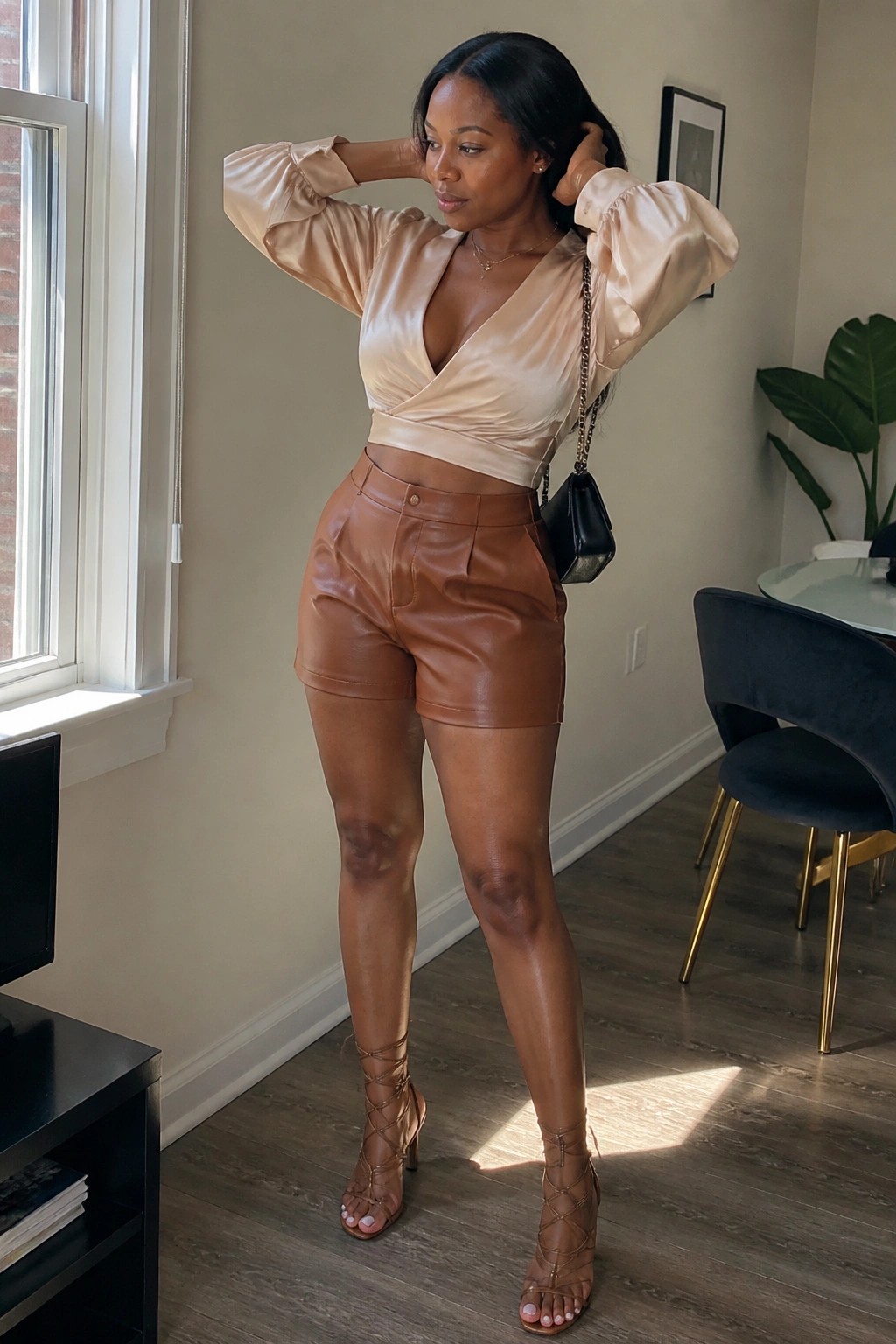 Woman in beige satin wrap top and brown leather shorts posing indoors with bag