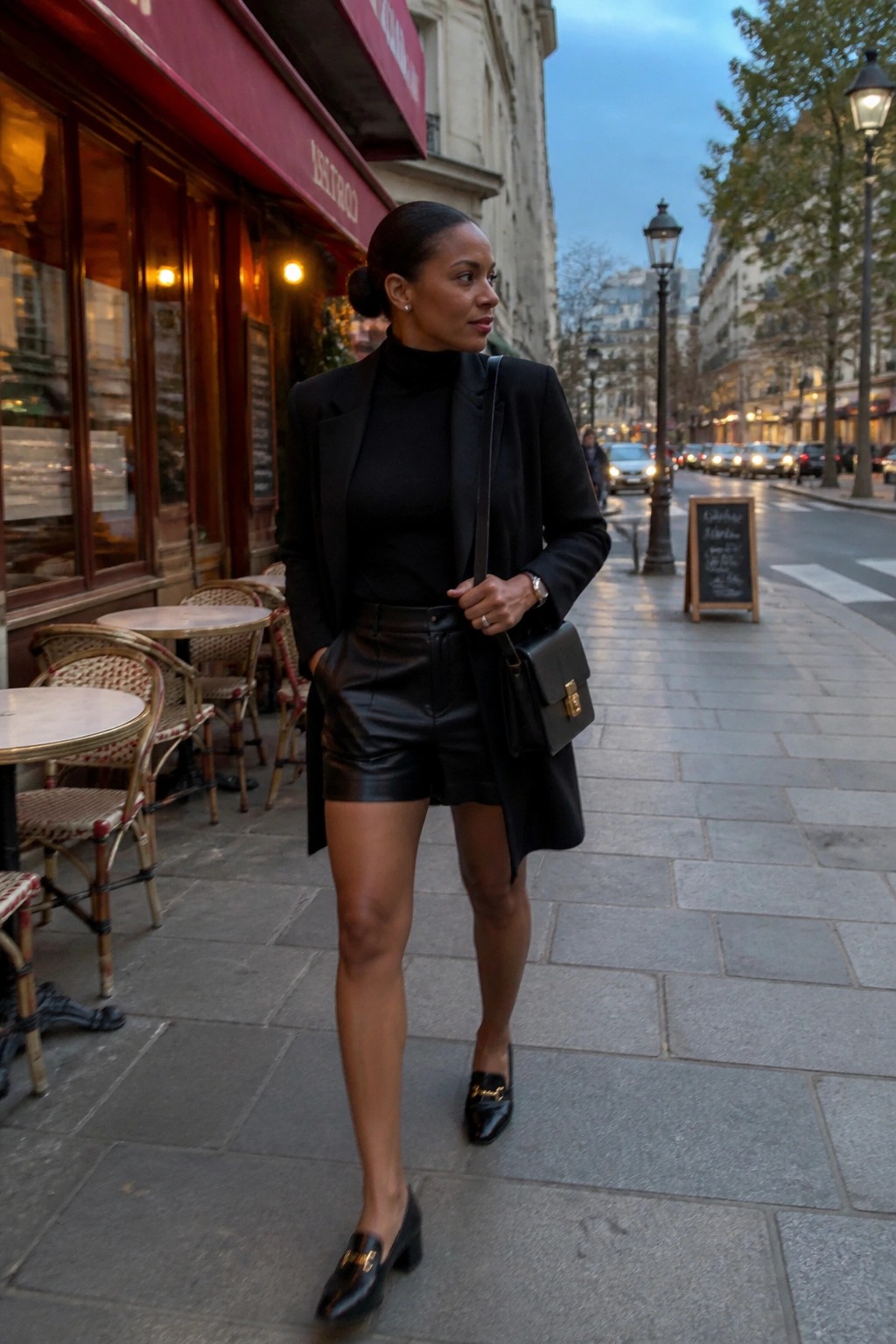 Woman in black blazer, turtleneck, and leather shorts on Paris sidewalk at dusk