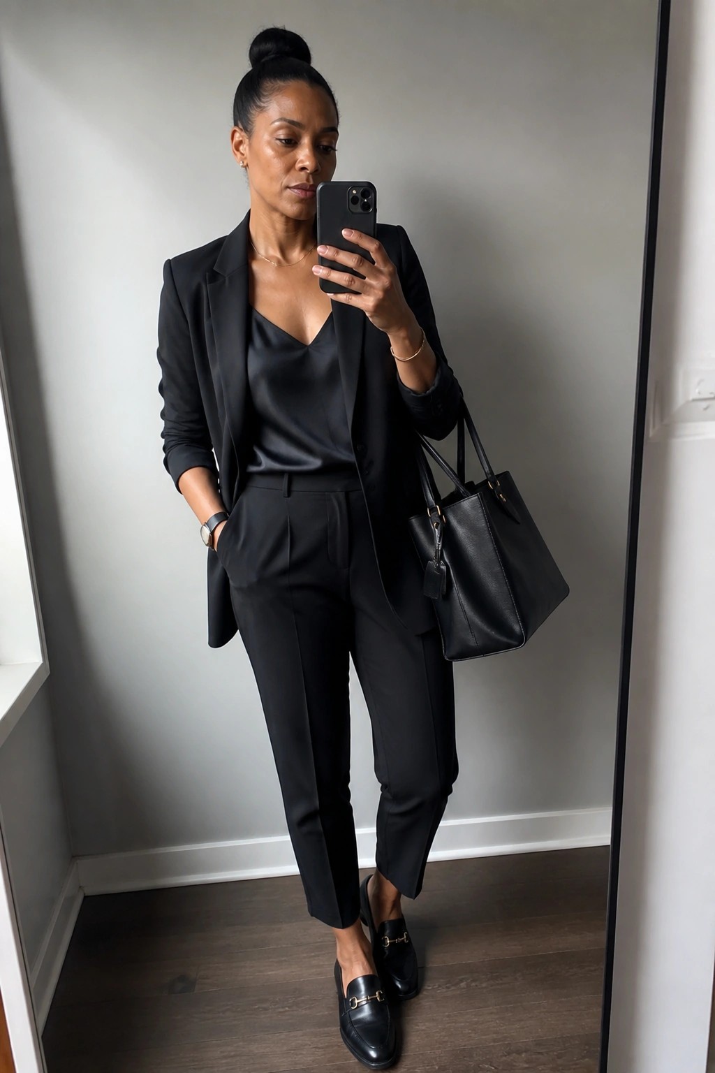 Woman in black pantsuit taking mirror selfie while holding leather tote bag
