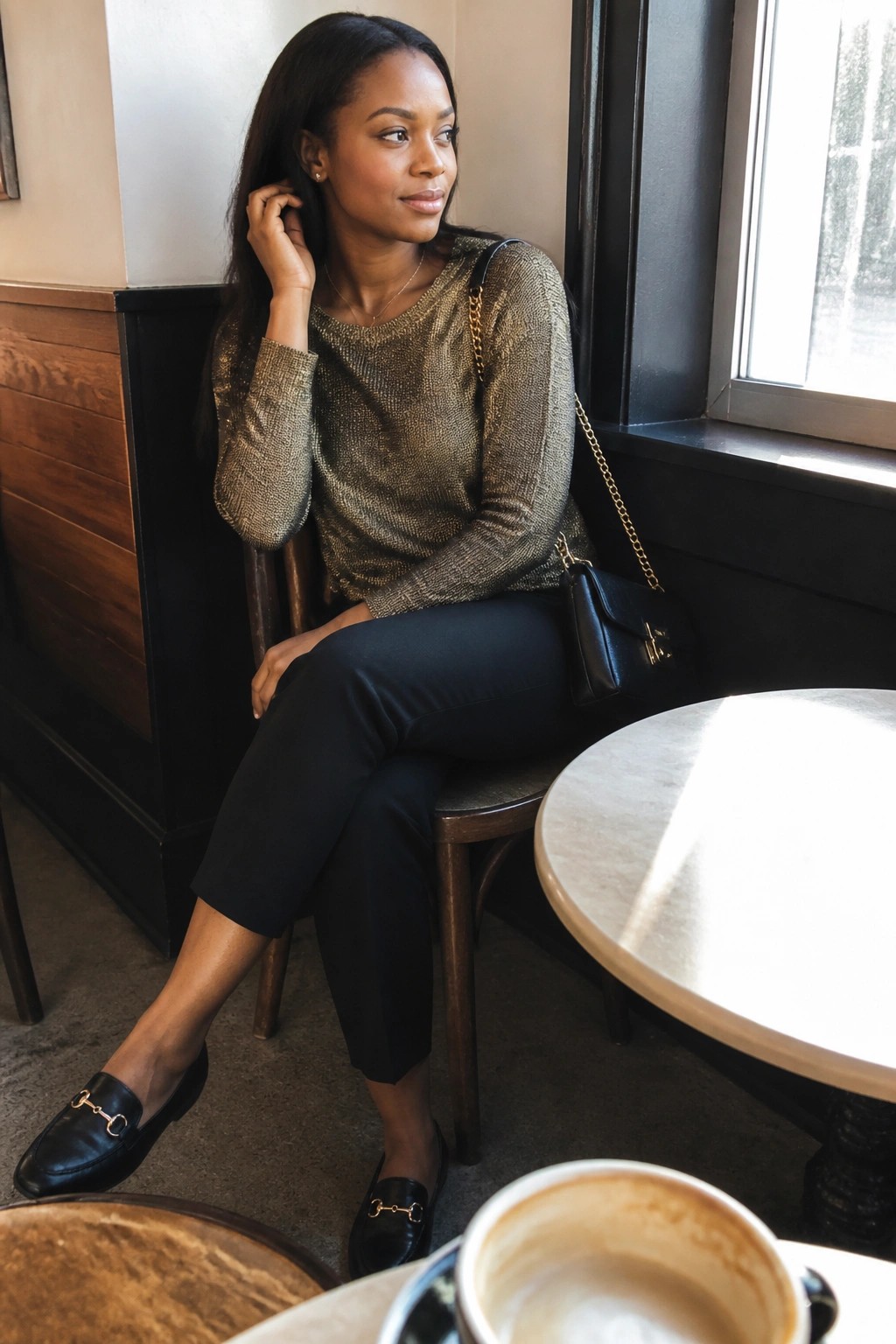 Woman in gold metallic top and black pants seated in cafe by window