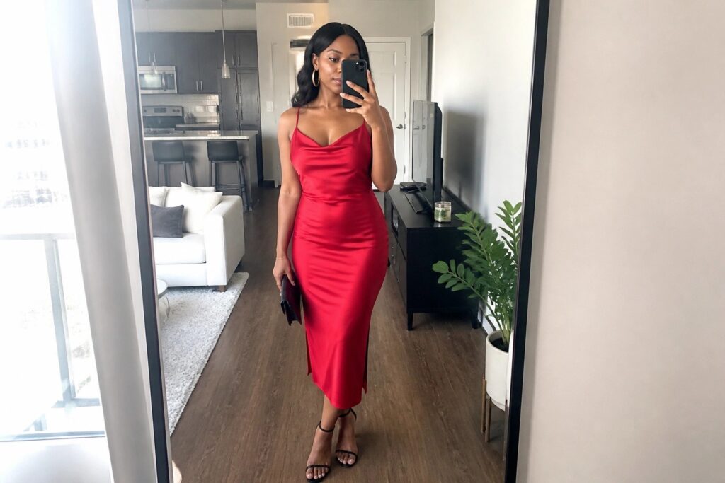 19 Fierce Red Club Outfit Ideas for Black Women Ready for a Night Out Woman in red satin midi dress taking mirror selfie with phone and clutch