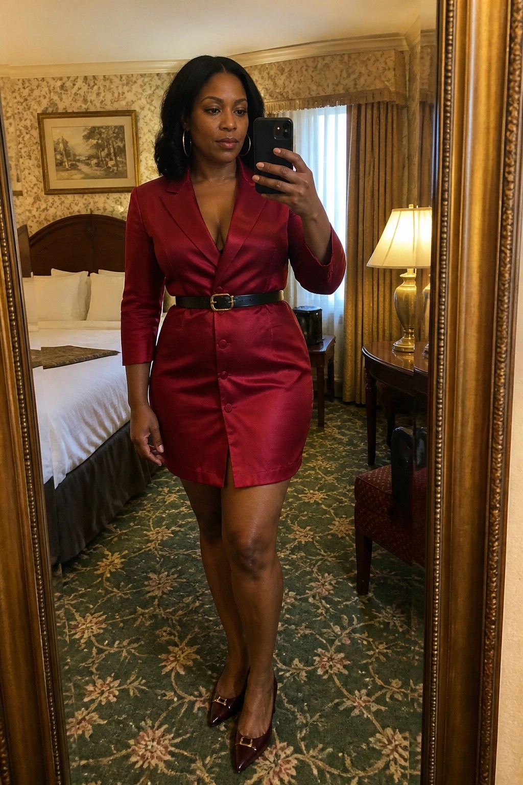 Woman in red satin dress taking mirror selfie in hotel room with patterned carpet