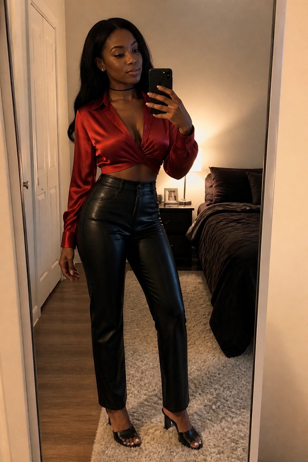 Woman in red satin crop top and black leather pants taking bedroom mirror selfie
