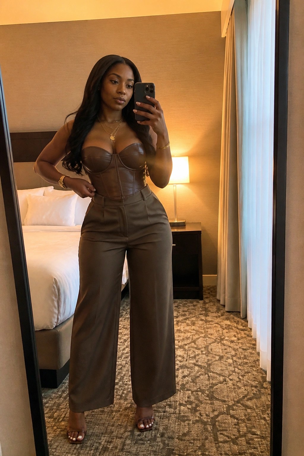 Woman in brown leather corset and wide pants taking mirror selfie in hotel room