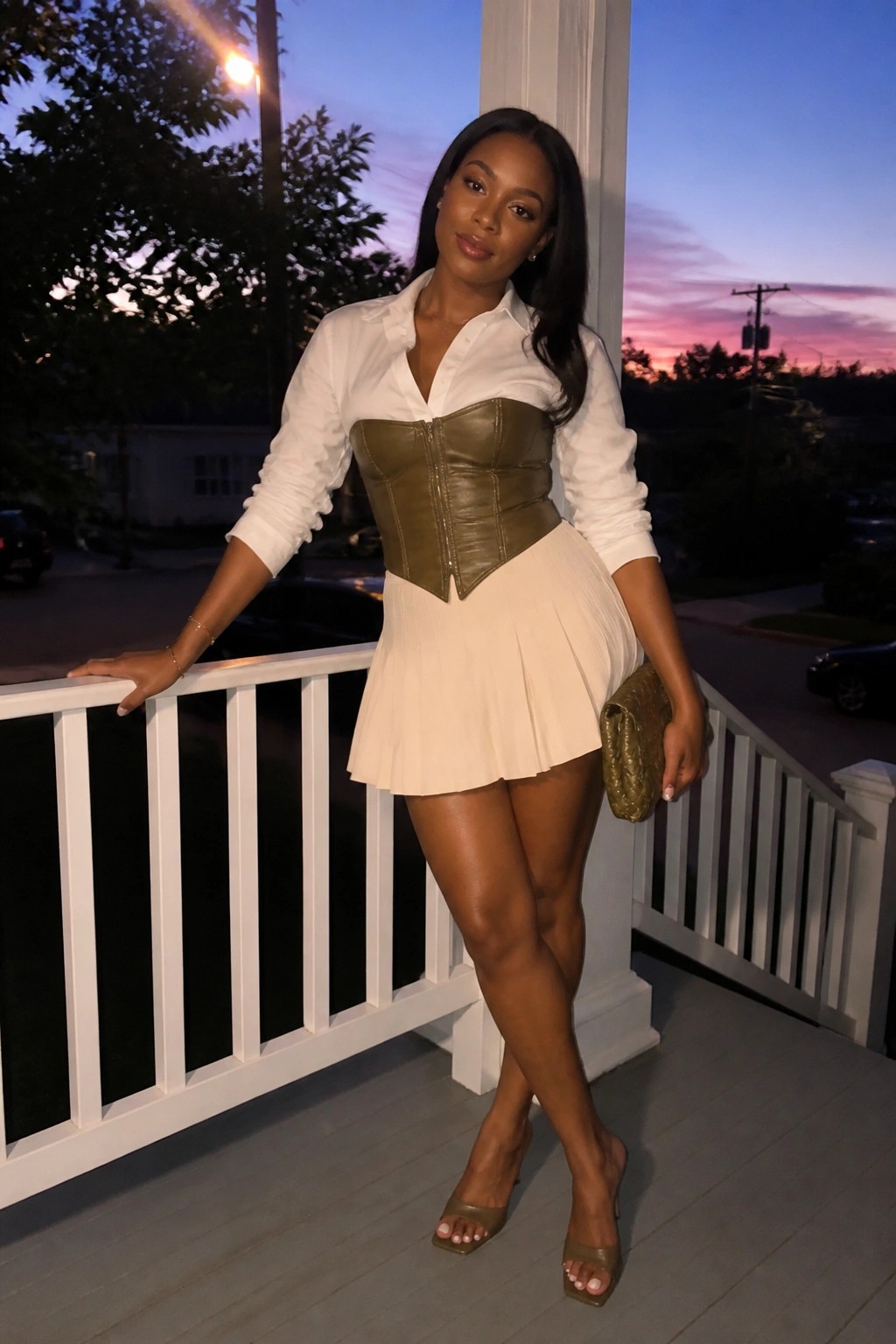 A Black woman wearing a white button-up shirt layered with an olive leather corset, a cream pleated mini skirt, olive heels, and holding a matching clutch.