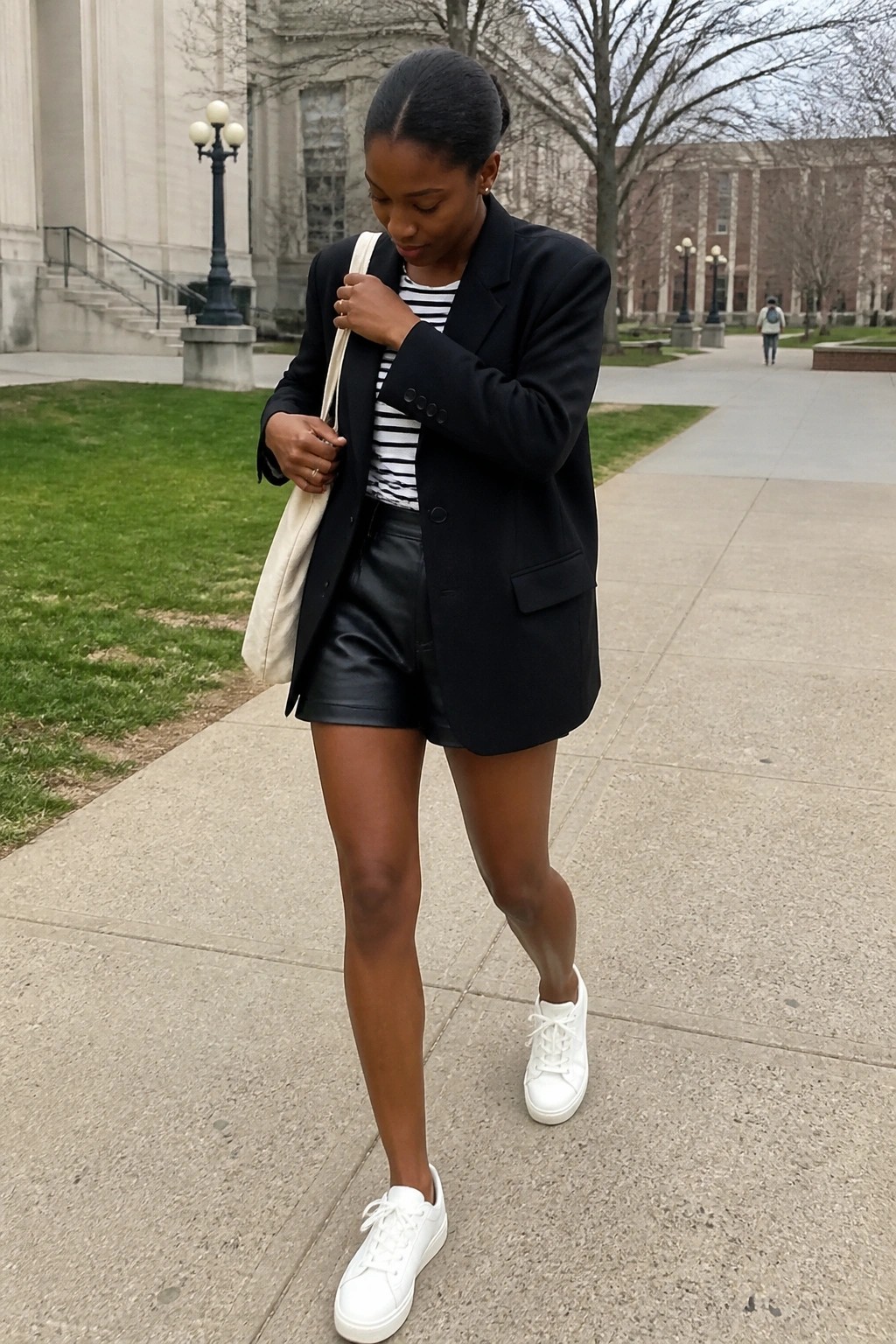 Woman in black blazer over striped top with leather shorts and white sneakers on campus path.