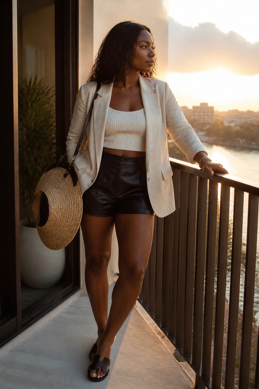 Woman in cream blazer and leather shorts on sunset balcony with straw bag
