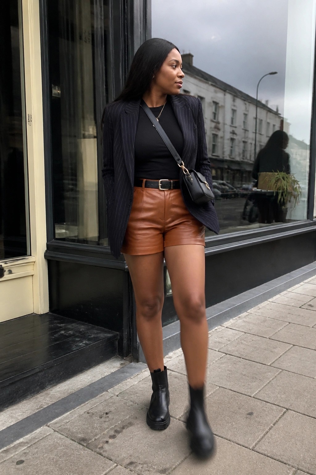 Woman in pinstripe blazer and brown leather shorts with black ankle boots.