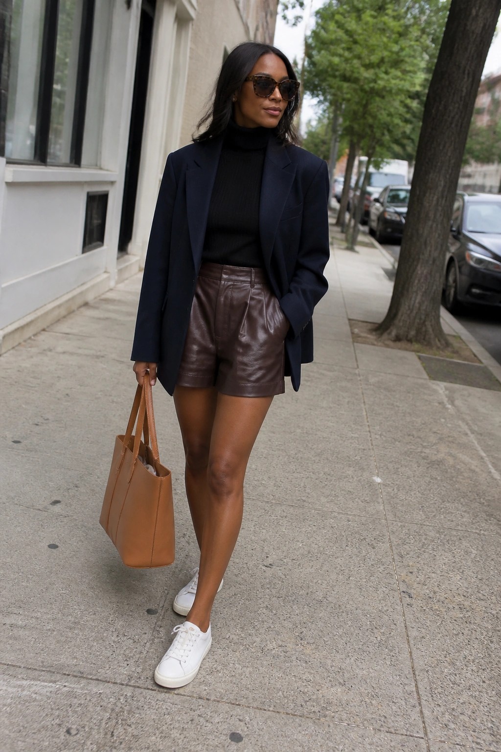 Woman in navy blazer, black turtleneck, brown leather shorts, holding tan tote on sidewalk