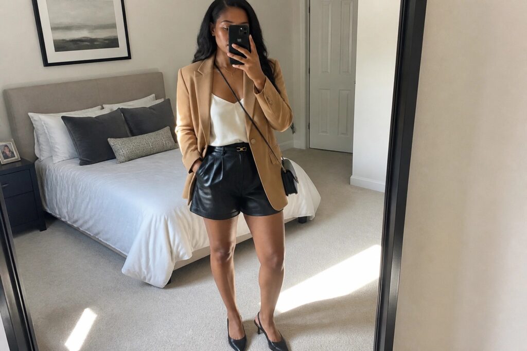 19 Polished Leather Shorts Outfit Ideas for Black Women Styled Around Blazers Woman in tan blazer and black leather shorts taking mirror selfie in bedroom